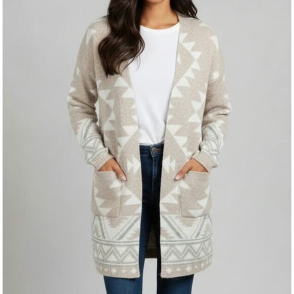 Frye Sweaters - Frye The Cozy Open Front Sweater Cardigan‎ Aztec Oatmeal Heather Combo Size XL